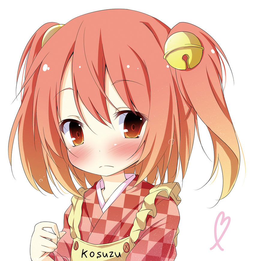 apron bell blonde_hair blush character_name checkered checkered_clothing frown gradient_hair hair_bell hair_ornament highres hinata_ichi japanese_clothes kimono motoori_kosuzu multicolored_hair red_eyes red_hair solo touhou two_side_up