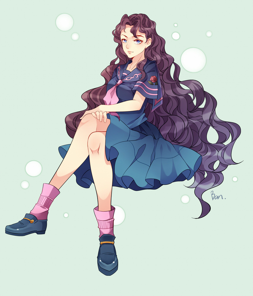 banbao black_hair blue_eyes crossed_legs diamond_wa_kudakenai flower full_body highres jojo_no_kimyou_na_bouken long_hair rose school_uniform serafuku signature sitting skirt socks solo very_long_hair yamagishi_yukako