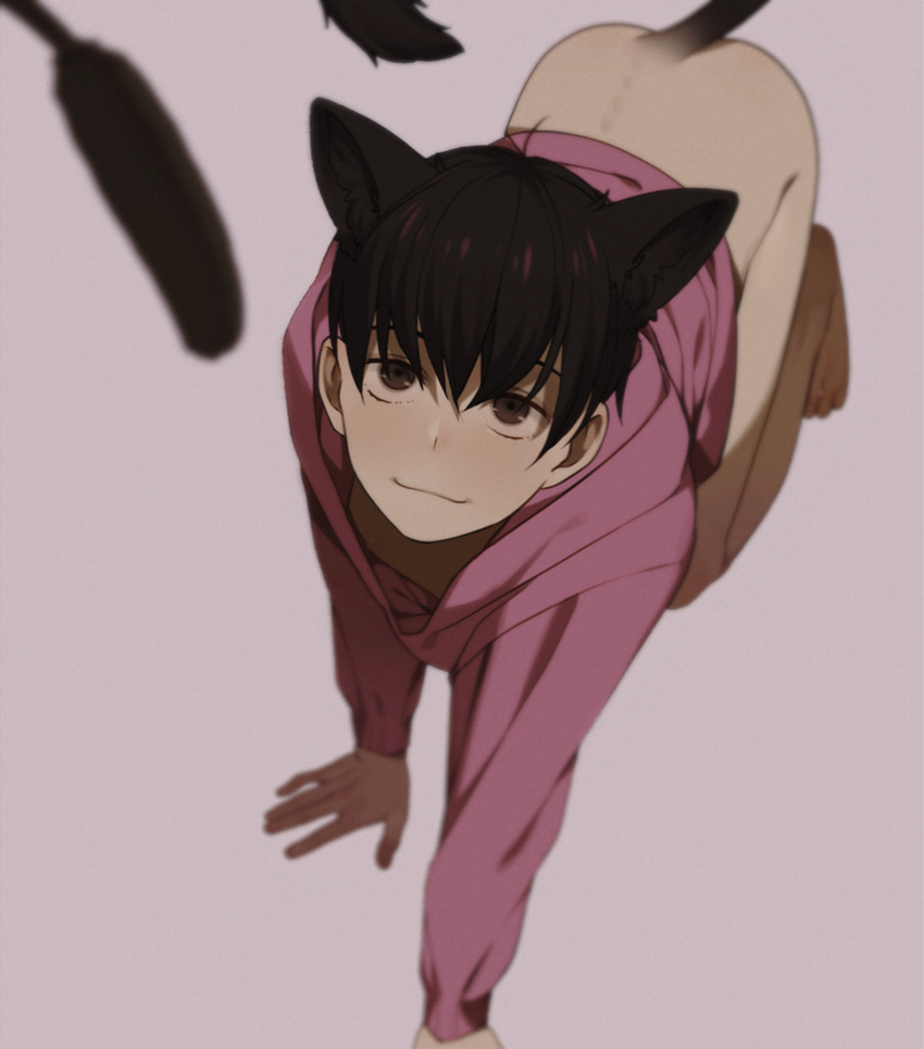 :3 all_fours animal_ears ass back bangs barefoot black_hair blurry bottomless brown_eyes cat_ears cat_tail cat_teaser closed_mouth depth_of_field downblouse e7_(runaway162) extra_ears from_above hair_between_eyes highres hood hood_down hoodie kemonomimi_mode long_sleeves looking_at_viewer looking_up male_focus matsuno_todomatsu osomatsu-kun osomatsu-san sanpaku shade simple_background solo spine tail