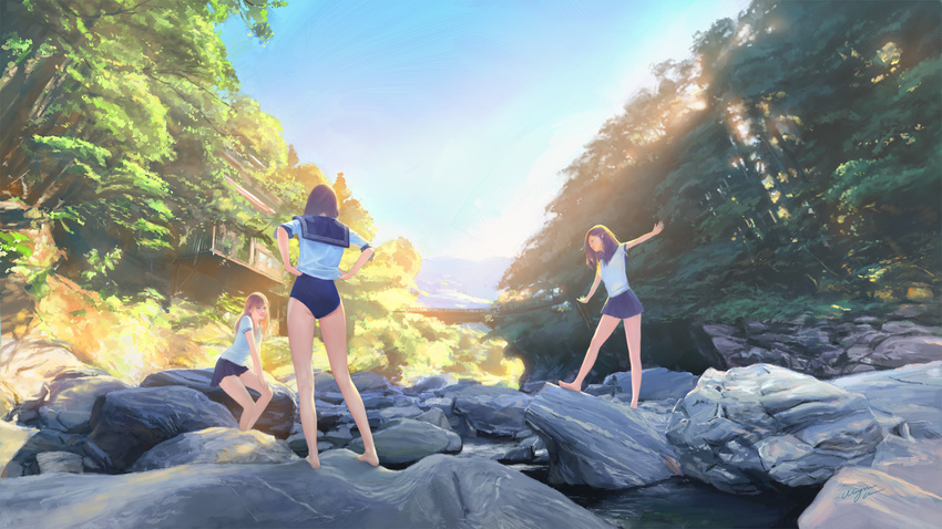 barefoot bridge brown_hair day forest highres long_hair miniskirt mountain multiple_girls nature one-piece_swimsuit original outstretched_arms pleated_skirt rock sailor_collar school_swimsuit school_uniform sitting skirt sky stream swimsuit wayne_chan