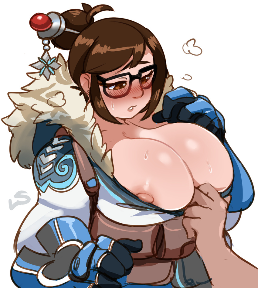 assisted_exposure bad_id bad_tumblr_id beads blush breasts brown_eyes brown_hair cleavage glasses hair_bun hair_ornament hair_stick highres huge_breasts lightsource mei_(overwatch) nipple_slip nipples out_of_frame overwatch short_hair simple_background solo_focus tied_hair white_background