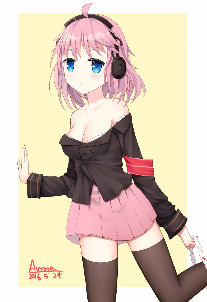 2016 :o absurdres ahoge armband artist_name bad_id bad_pixiv_id bare_shoulders black_legwear black_shirt blue_eyes blush breasts cleavage collarbone dated headphones highres large_breasts leg_up long_sleeves looking_at_viewer open_mouth panties panties_around_one_leg pink_hair pink_skirt pleated_skirt saikou-iro_aurora shirt short_hair simple_background skirt solo standing standing_on_one_leg thighhighs tirpitz_(zhan_jian_shao_nyu) underwear white_panties yellow_background zettai_ryouiki zhan_jian_shao_nyu