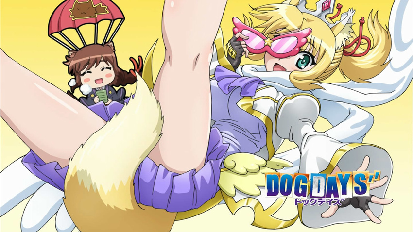 adelaide_grand_marnier adelaide_grand_marnier_(cosplay) animal_ears blonde_hair braid breasts brioche_d'arquien brown_hair closed_eyes cosplay dog_days fingerless_gloves fox_ears fox_tail glasses gloves green_eyes hair_ribbon highres jacket japanese_clothes large_breasts multiple_girls open_mouth ribbon screencap smile tail tiara yukikaze_panettone