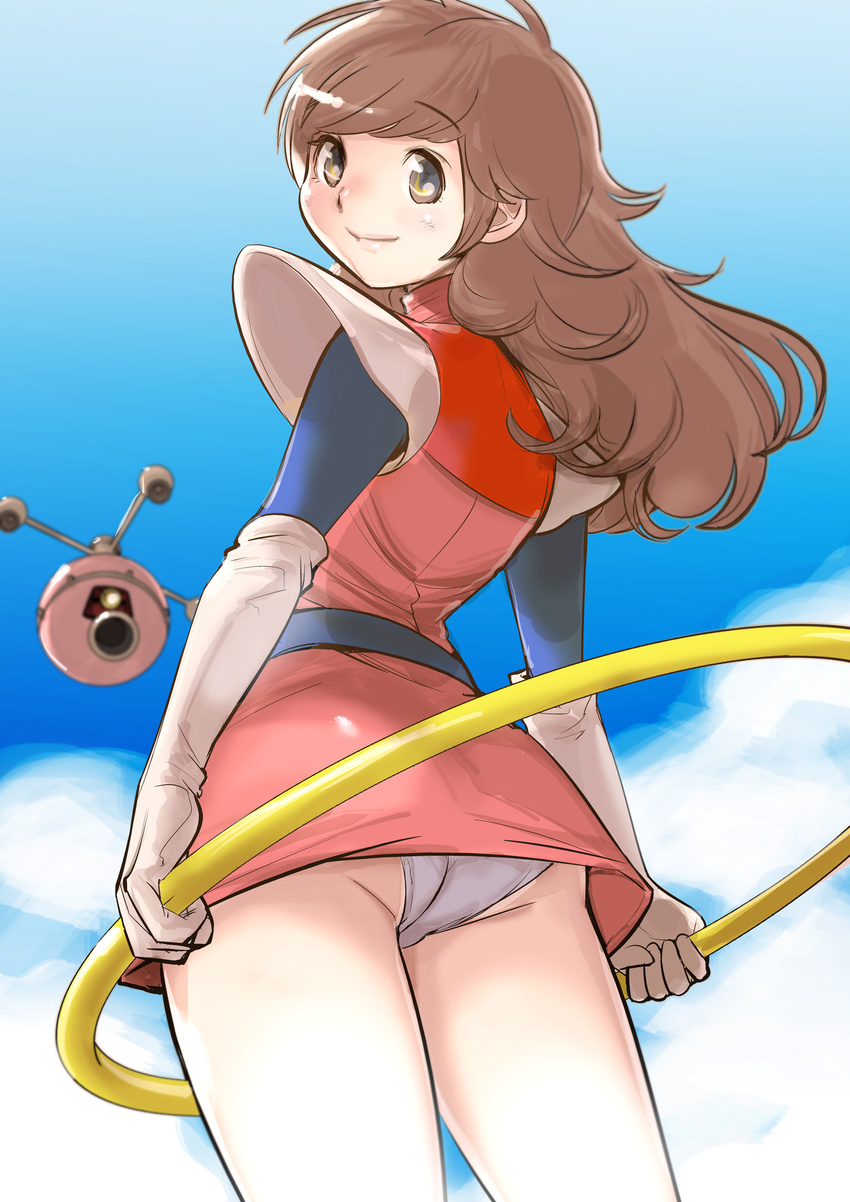 ass belt brown_eyes brown_hair cowboy_shot dress dytm elbow_gloves gloves highres hoop hula_hoop kanda_momo long_hair looking_at_viewer microdress panties pantyshot pantyshot_(standing) shoulder_pads smile solo standing underwear upskirt white_gloves wonder_momo