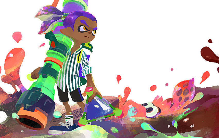 bike_shorts closed_mouth dark_skin dark_skinned_male domino_mask high_ponytail ink ink_tank_(splatoon) inkling inkzooka_(splatoon) inoue_seita male_focus mask monster_boy official_art pointy_ears purple_hair shirt shoes simple_background sneakers socks solo splat_bomb_(splatoon) splatoon_(series) splatoon_1 squid standing striped striped_shirt tentacle_hair wallpaper weapon white_background white_legwear