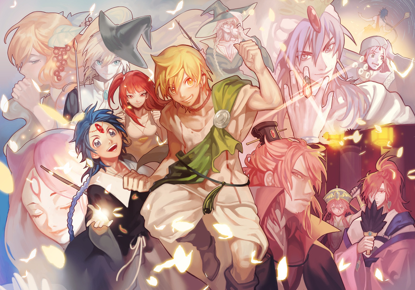 6+boys ahoge aladdin_(magi) ali_baba_saluja blonde_hair blue_eyes blue_hair braid hat ja'far ja'far long_hair magi_the_labyrinth_of_magic morgiana multiple_boys multiple_girls red_eyes red_hair ren_kouen ren_kouha ren_koumei ring scheherazade_(magi) short_hair sinbad_(magi) single_braid smile titus_alexius