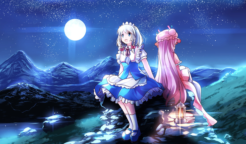:d apron bad_id bad_pixiv_id blue_eyes blue_footwear braid capelet coat dress full_moon hat highres izayoi_sakuya lantern long_hair maid maid_headdress mary_janes mob_cap moon moonlight multiple_girls night night_sky open_clothes open_coat open_mouth outdoors patchouli_knowledge pink_dress pink_hat puffy_short_sleeves puffy_sleeves purple_hair risutaru shirt shoes short_sleeves silver_hair sitting skirt sky smile star_(sky) starry_sky touhou twin_braids very_long_hair vest waist_apron