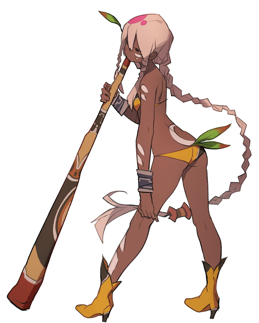 absurdly_long_hair ass bikini bodypaint boots bracelet braid breasts brown_eyes commentary_request dark_skin didgeridoo facepaint from_behind full_body highres jewelry leaf lee_hyeseung long_hair original small_breasts solo swimsuit very_long_hair white_hair
