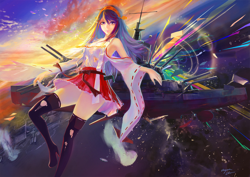 bare_shoulders black_footwear black_legwear boots cloud flying haruna_(kantai_collection) high_heel_boots high_heels kantai_collection long_hair looking_at_viewer miniskirt mountain nontraditional_miko ocean pleated_skirt skirt sky solo sunset thigh_boots thighhighs turret wayne_chan wide_sleeves