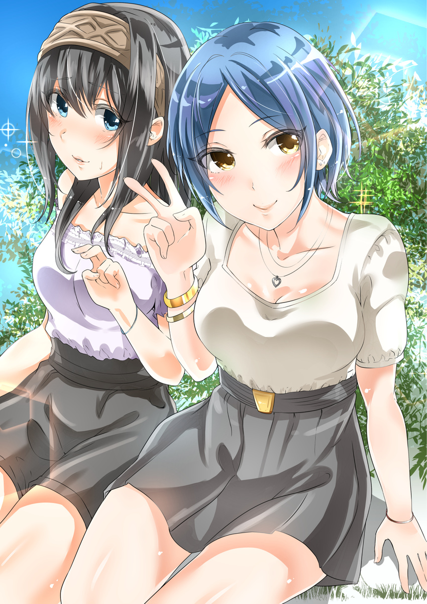 2girls black_hair black_skirt blue_eyes blue_sky blush breasts collarbone commentary_request hairband hayami_kanade heart heart_necklace highres idolmaster idolmaster_cinderella_girls jewelry long_hair looking_at_viewer medium_breasts multiple_girls murabito_c necklace parted_bangs sagisawa_fumika short_hair sitting skirt sky smile tree v yellow_eyes