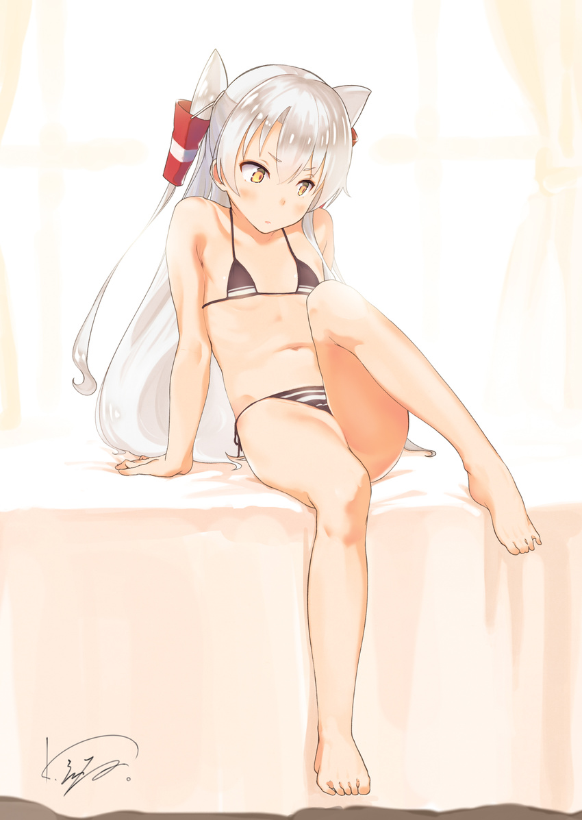 amatsukaze_(kantai_collection) bare_shoulders barefoot bikini blush brown_eyes flat_chest full_body hair_tubes highres kanamura_will kantai_collection leg_up long_hair navel signature silver_hair simple_background sitting solo swimsuit two_side_up windsock