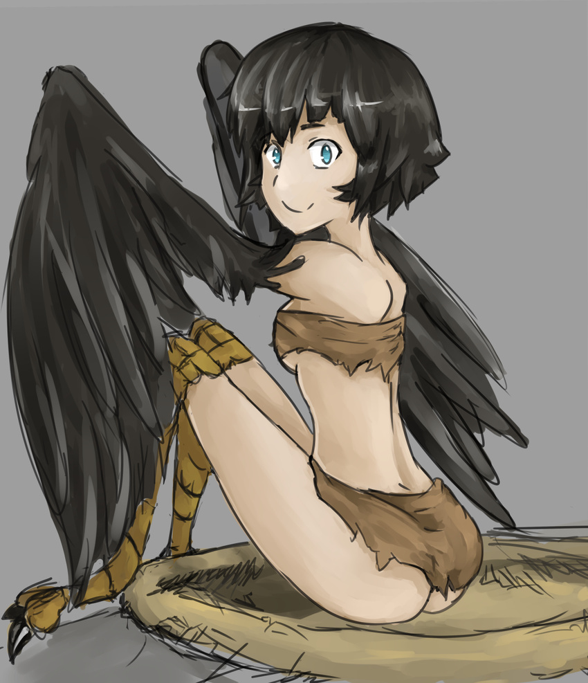 ass black_hair blue_eyes crow dark_souls dark_souls_iii from_software harpy huge_ass looking_at_viewer looking_back monster_girl pickle_pee_pump-a-rum_crow souls_(from_software) wings