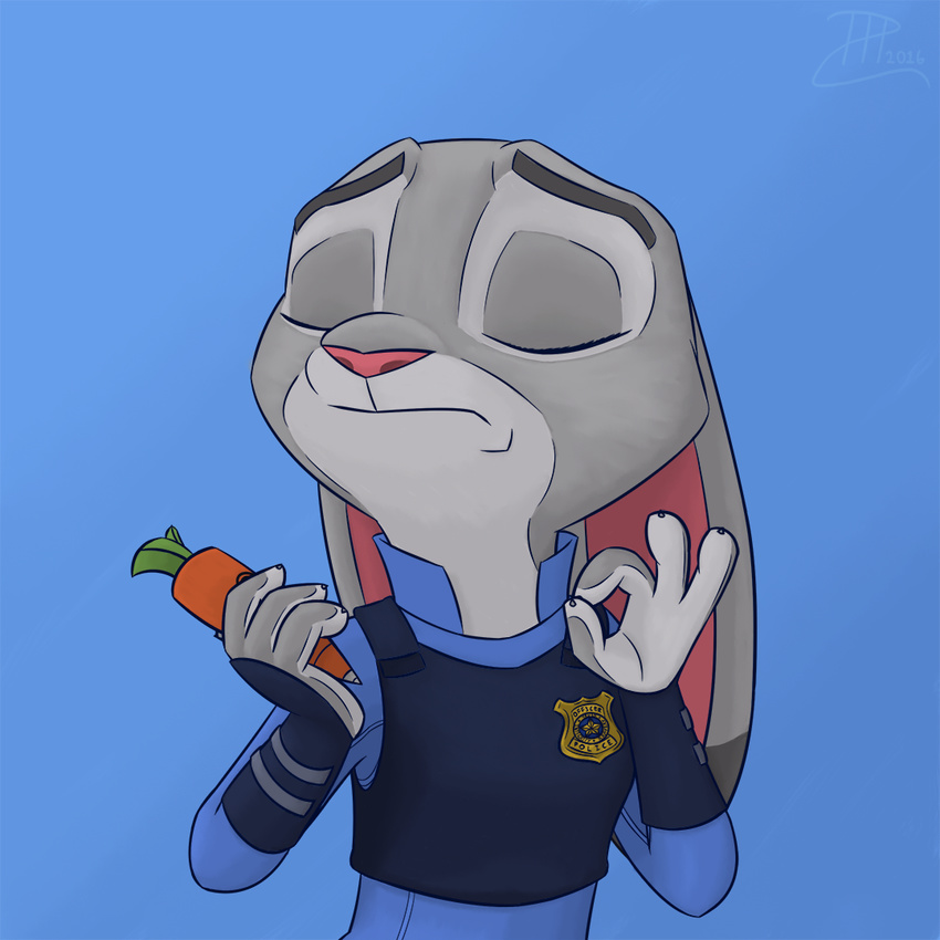 2016 anthro carrot claws clothing disney eyes_closed female firefoxproject food fur grey_fur judy_hopps just_right lagomorph mammal meme pacha_(the_emperor's_new_groove) police_uniform rabbit simple_background solo uniform vegetable zootopia