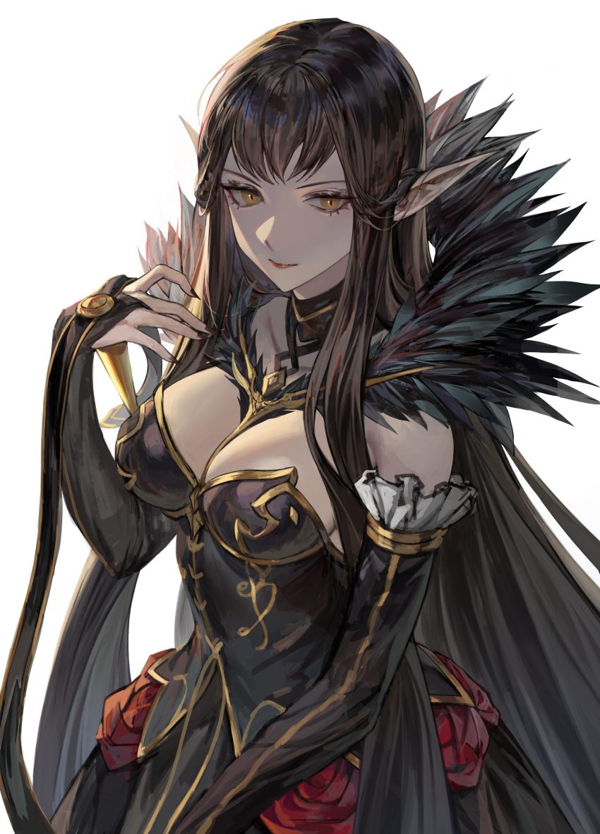 absurdly_long_hair absurdres bangs black_dress black_hair black_nails breasts bridal_gauntlets cleavage closed_mouth detached_sleeves dress fate/apocrypha fate/grand_order fate_(series) frills fur_trim hair_between_eyes hand_up highres ioliteplanet large_breasts long_dress long_hair looking_at_viewer nail_polish pointy_ears semiramis_(fate) spikes very_long_hair yellow_eyes