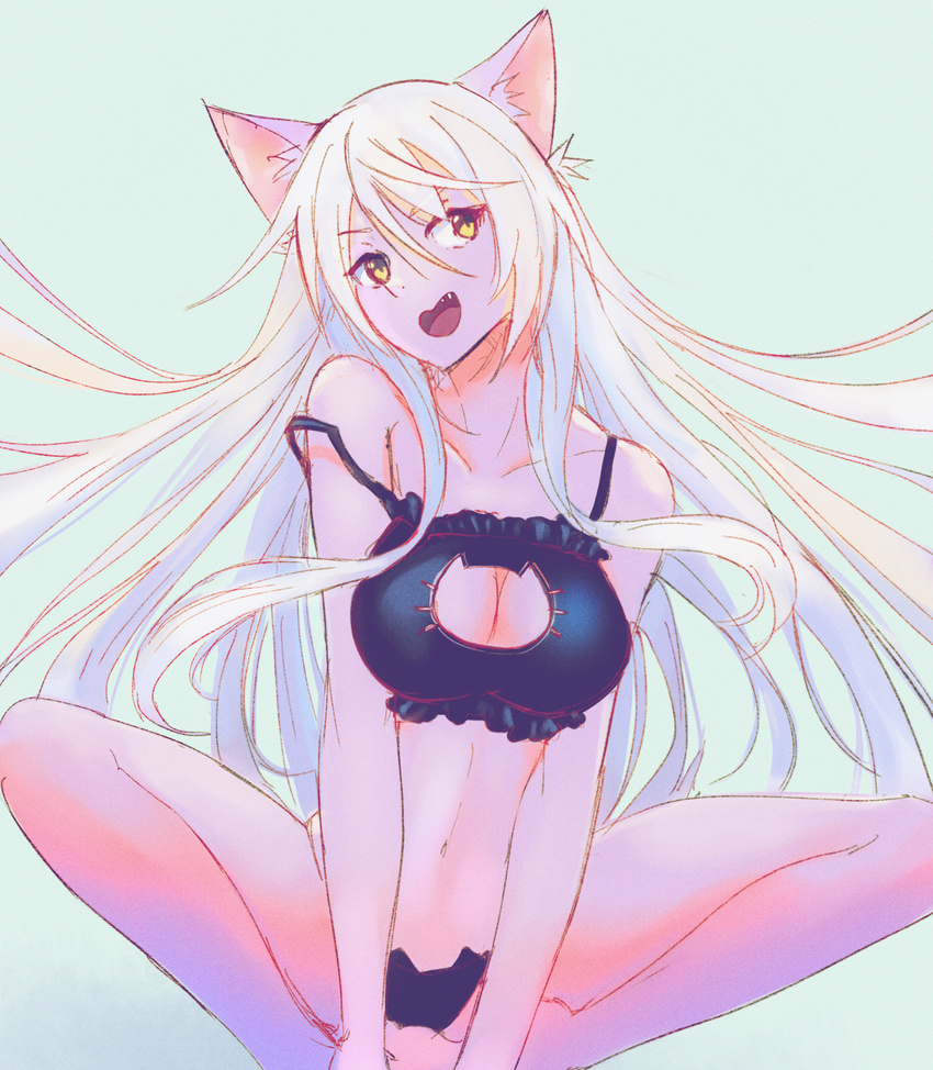 animal_ears barefoot black_bra black_hanekawa black_panties bra breasts cat_cutout cat_ear_panties cat_ears cat_lingerie cleavage cleavage_cutout fang hanekawa_tsubasa highres huge_filesize large_breasts long_hair meme_attire monogatari_(series) navel open_mouth panties qosic sitting smile solo stomach underwear underwear_only very_long_hair white_hair yellow_eyes