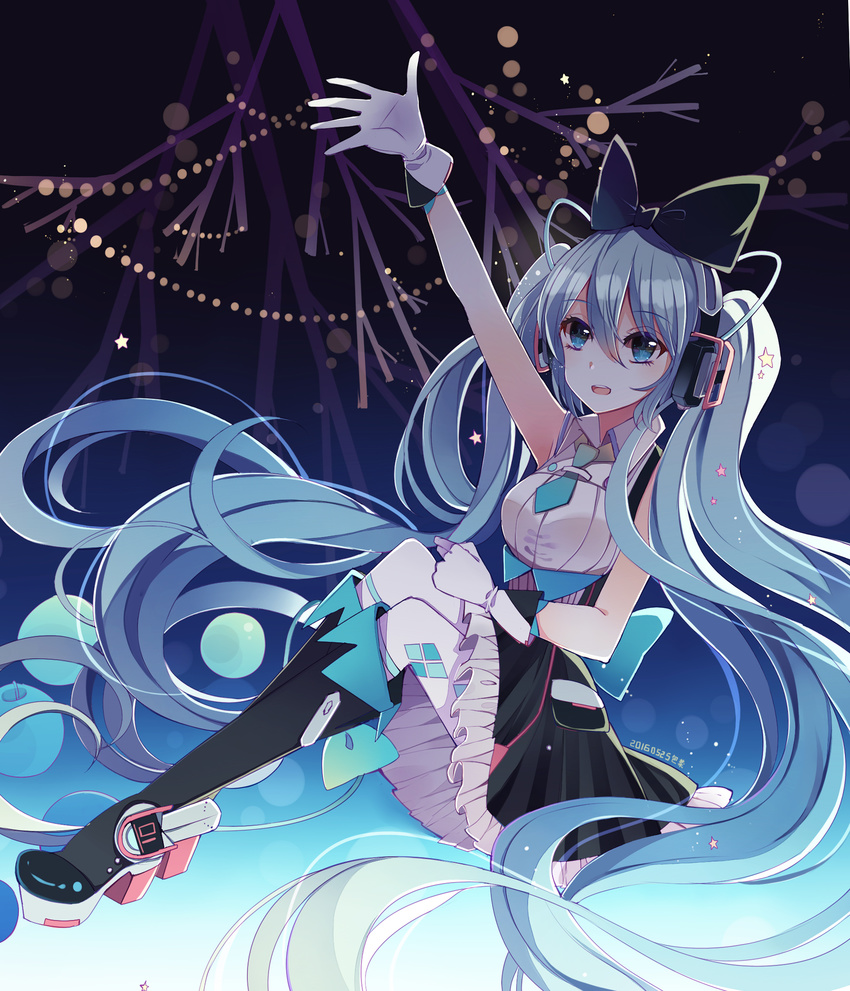 2016 arm_up bad_id bad_pixiv_id baocaizi black_footwear blue_eyes blue_hair boots dated dress gloves hatsune_miku headphones highres knee_boots long_hair magical_mirai_(vocaloid) necktie open_mouth pantyhose sitting solo twintails very_long_hair vocaloid