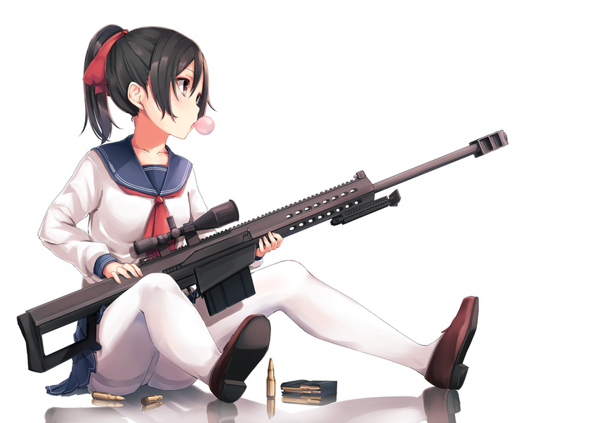 anti-materiel_rifle barrett_m82 bipod black_hair blue_skirt blush brown_eyes brown_footwear bubble_blowing chewing_gum full_body funyariko gun hair_ribbon holding holding_gun holding_weapon loafers long_sleeves looking_to_the_side neckerchief original panties pantyhose pantyshot pantyshot_(sitting) ponytail profile red_ribbon ribbon rifle school_uniform scope serafuku shoe_soles shoes simple_background sitting skirt sniper_rifle solo thighband_pantyhose underwear upskirt weapon white_background white_legwear white_panties