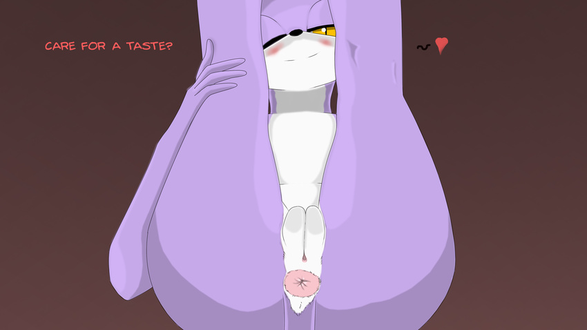 &lt;3 2016 anthro anus big_butt blaze_the_cat blush butt cat cute dialogue english_text feline female flat_chested fur legs_up mammal mrmoebius one_eye_closed presenting presenting_anus presenting_pussy purple_fur pussy raised_tail simple_background smile sonic_(series) text thick_thighs video_games yellow_eyes