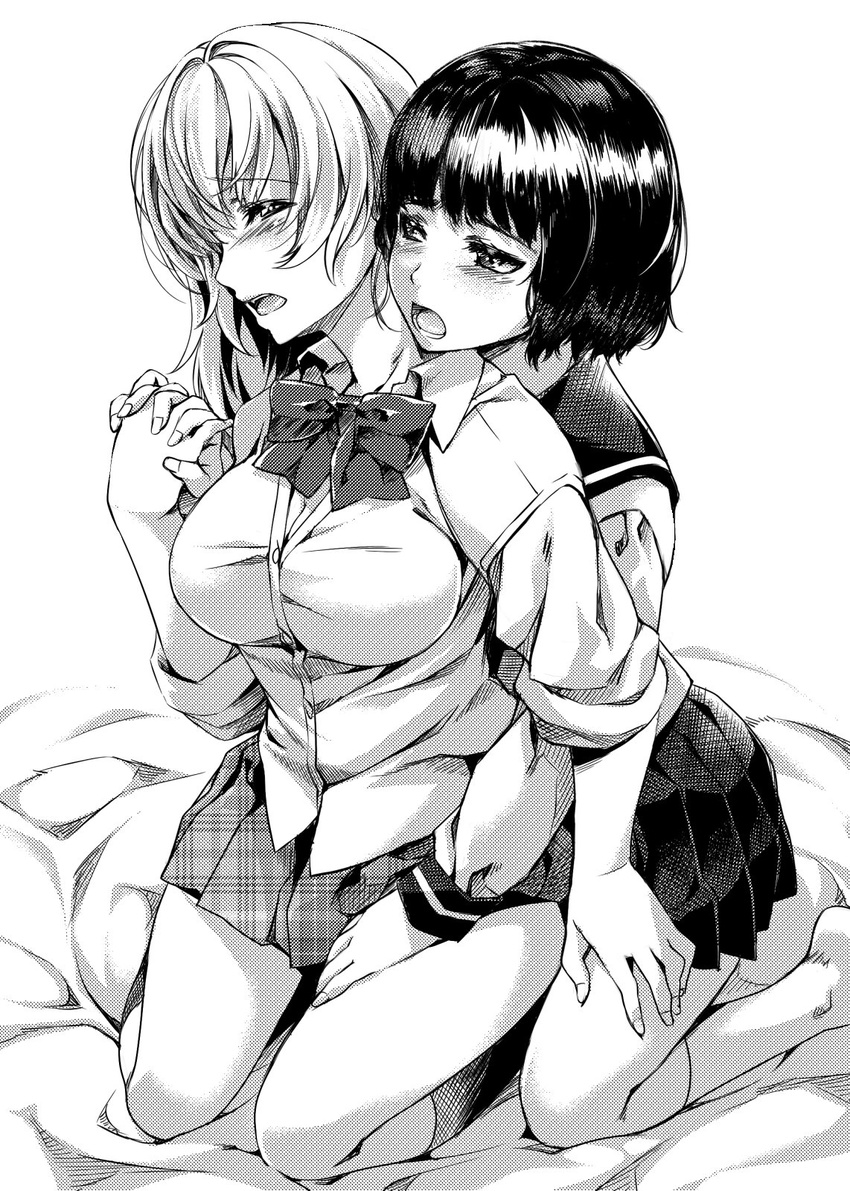 bed_sheet blush bow breasts cleavage dress_shirt greyscale hand_on_another's_thigh highres holding_hands jpeg_artifacts kneehighs kneeling large_breasts monochrome multiple_girls nagayori no_shoes open_mouth original plaid plaid_skirt pleated_skirt profile school_uniform serafuku shirt short_hair skirt sleeves_pushed_up yuri