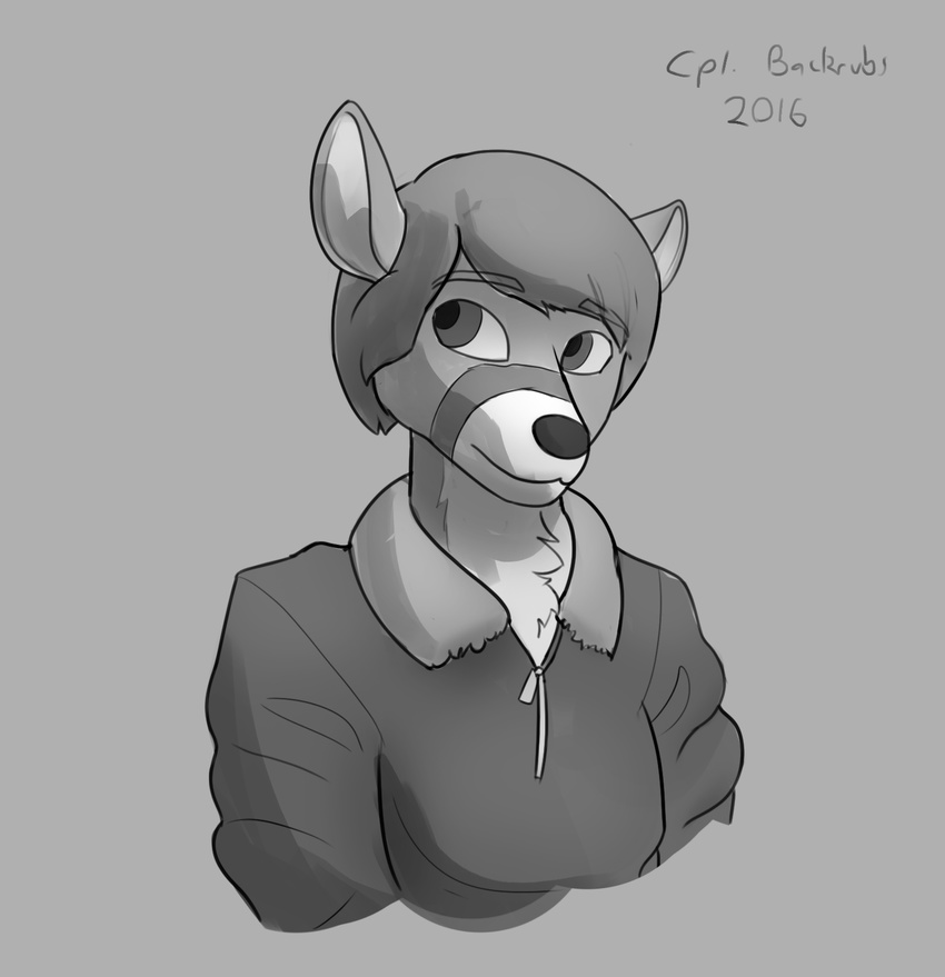 2016 anthro cervine clothed clothing corporalbackrubs deer digital_media_(artwork) greyscale hair hi_res jacket male mammal monochrome short_hair solo