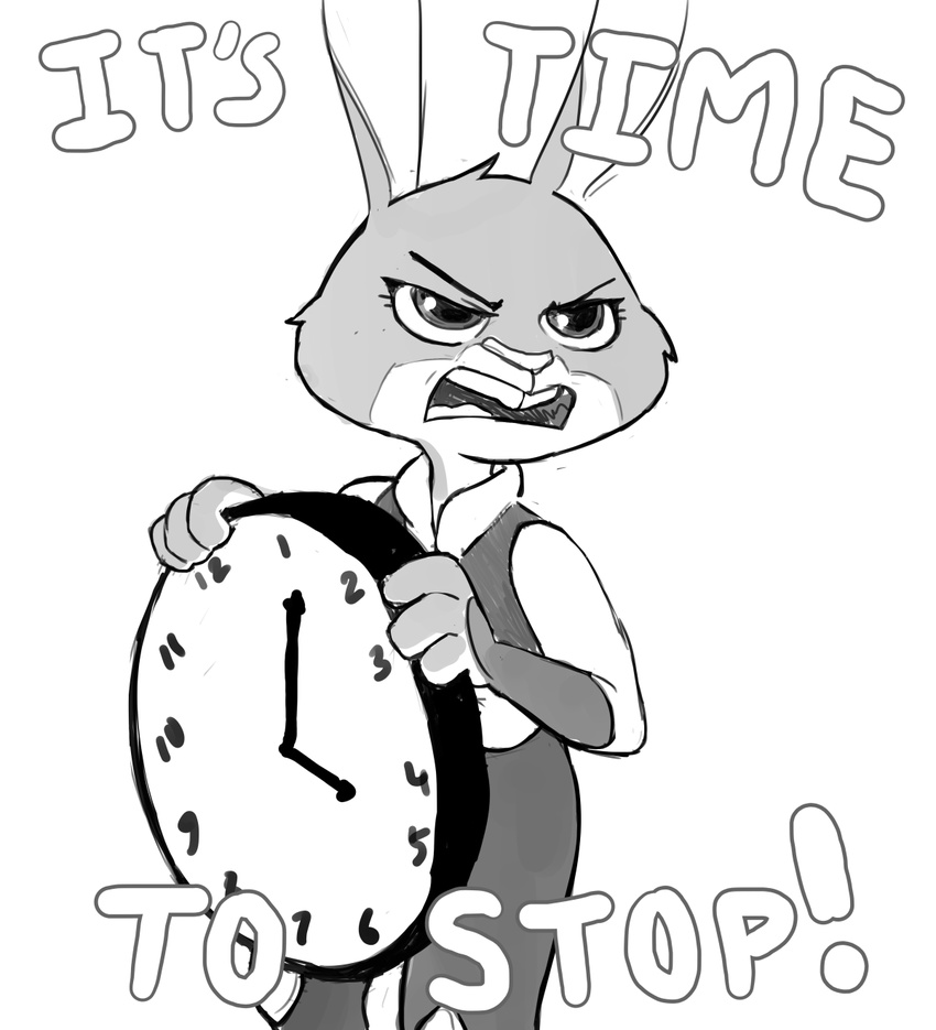 2016 anthro big_ears clock clothed clothing disney female judy_hopps lagomorph long_ears mammal meme monochrome rabbit reaction_image simple_background text unknown_artist white_background zootopia