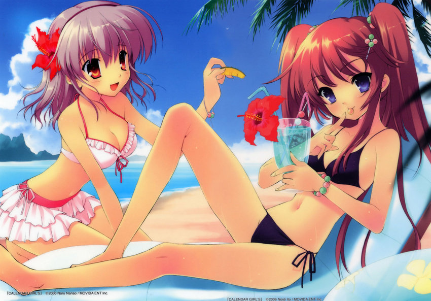 barefoot beach bikini blue_eyes blue_hawaii brown_hair cloud collaboration copyright_request day drink flower frilled_bikini frills front-tie_top hair_bobbles hair_ornament hibiscus highres itou_noiji multiple_girls nanao_naru outdoors purple_hair red_eyes side-tie_bikini skirt sky swimsuit tropical_drink twintails