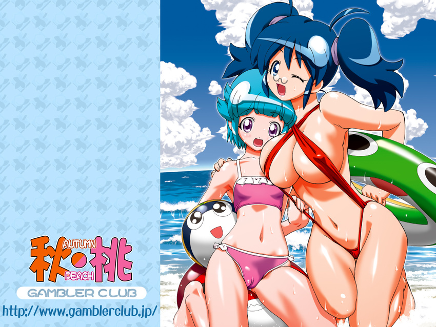 alternate_hairstyle bikini blue_hair breasts cameltoe covered_nipples day gambler_club highres hinata_aki huge_breasts innertube keroro_gunsou multiple_girls nishizawa_momoka one_eye_closed slingshot_swimsuit swimsuit twintails wallpaper