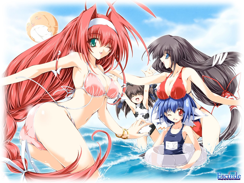 ^_^ animal_print arms_up ass ball beachball bikini black_hair blue_eyes blue_hair braid breast_rest breasts character_request closed_eyes copyright_request cow_print day hair_intakes happy innertube large_breasts long_hair mitsuki_mantarou multiple_girls one_eye_closed red_eyes red_hair short_hair side-tie_bikini submerged swimsuit untied untied_bikini very_long_hair