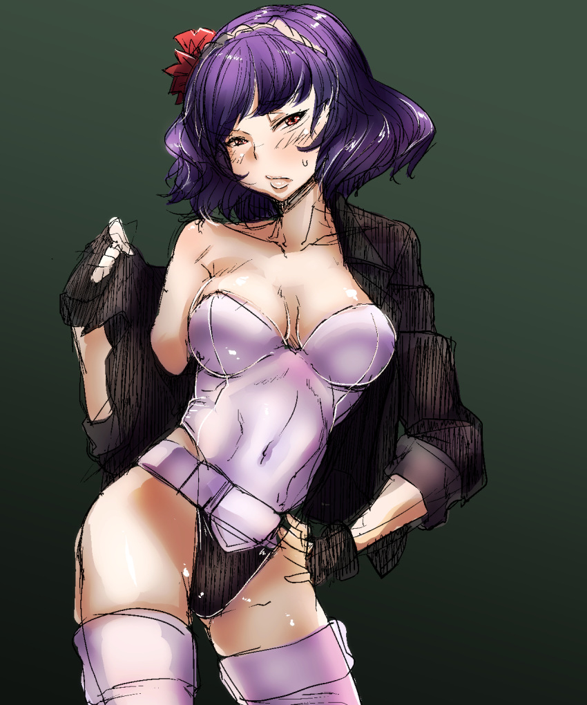 1girl bakuya bangs belt black_gloves breasts cleavage collarbone contrapposto cosplay covered_navel fingerless_gloves flower ghost_in_the_shell ghost_in_the_shell_stand_alone_complex gloves green_background hair_flower hair_ornament hairband highleg highleg_leotard highres jacket kusanagi_motoko kusanagi_motoko_(cosplay) large_breasts lavender_legwear lavender_leotard leotard lips off_shoulder open_clothes open_jacket purple_hair red_eyes short_hair solo standing strapless strapless_leotard thighhighs touhou yasaka_kanako