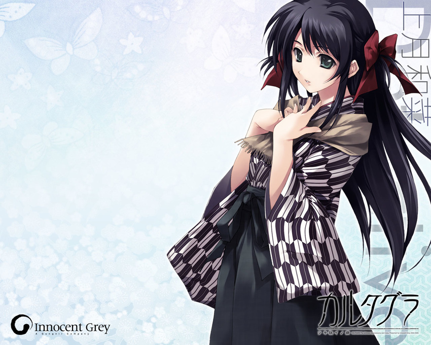 black_hair black_hakama cartagra dress hakama japanese_clothes kouzuki_kazuna long_hair meiji_schoolgirl_uniform official_art ribbon solo sugina_miki wallpaper