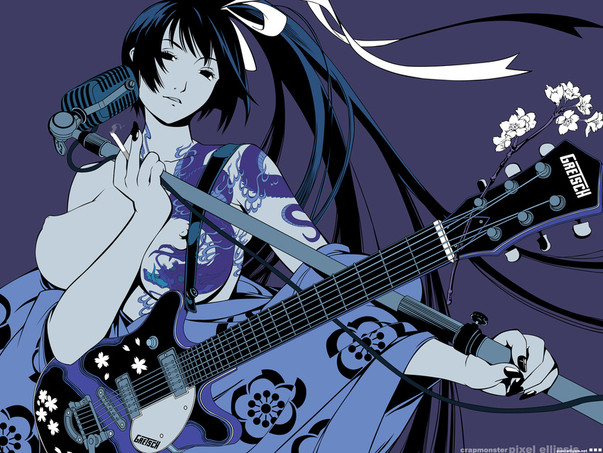 blue_hair breasts cherry_blossoms cigarette flower gretsch guitar hair_ribbon hands highres instrument japanese_clothes kimono large_breasts long_hair microphone microphone_stand nail_polish natsume_aya nipples nose oogure_ito ponytail purple ribbon smoking solo tattoo tenjou_tenge topless vector_trace very_long_hair wallpaper watermark yukata