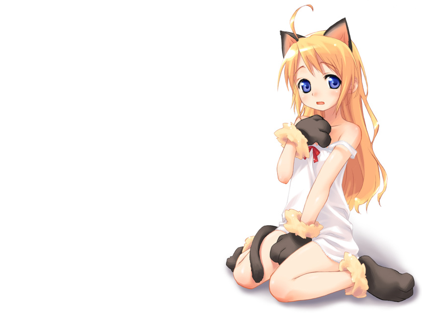 ahoge animal_ears bare_shoulders blonde_hair blue_eyes camisole cat_ears copyright_request long_hair mizuki_kotora paws sitting solo tail wallpaper wariza white_background