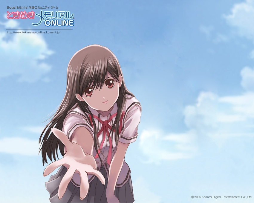 2005 amamiya_sayuri artist_request brown_hair copyright_name long_hair red_eyes ribbon school_uniform skirt solo tokimeki_memorial tokimeki_memorial_only_love wallpaper