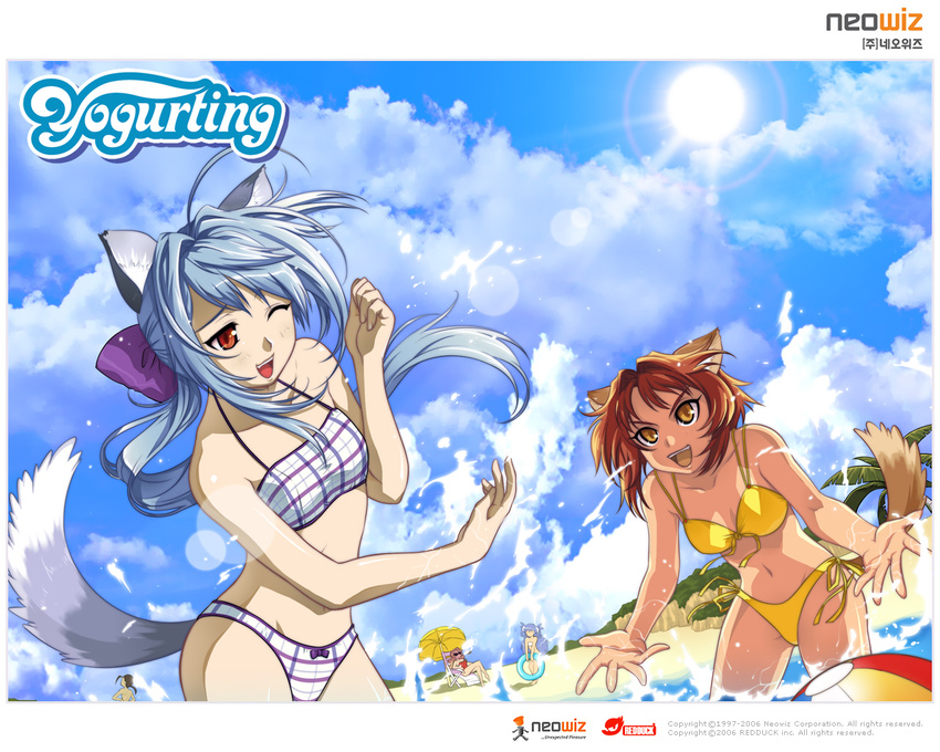 4girls animal_ears ball beach beachball bianka bikini blue_hair china_(yogurting) cloud day dog_ears eika_(artist) flat_chest happy innertube karen_(yogurting) lens_flare long_hair multiple_girls one_eye_closed outdoors plaid plaid_bikini ponytail red_hair short_hair side-tie_bikini sky souchong splashing suiren_(yogurting) sun swimsuit tail umbrella wading wallpaper water yellow_eyes yogurting