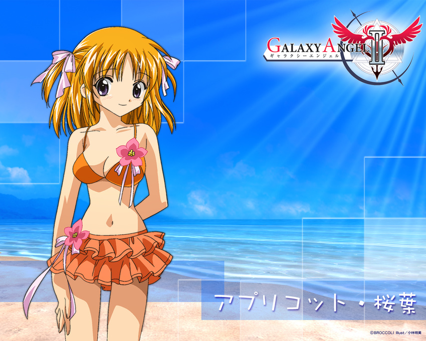 apricot_sakuraba beach bikini blush character_name copyright_name day flower frilled_skirt frills galaxy_angel galaxy_angel_rune kobayashi_akemi logo non-web_source ocean orange_bikini outdoors ribbon skirt solo swimsuit twintails wallpaper