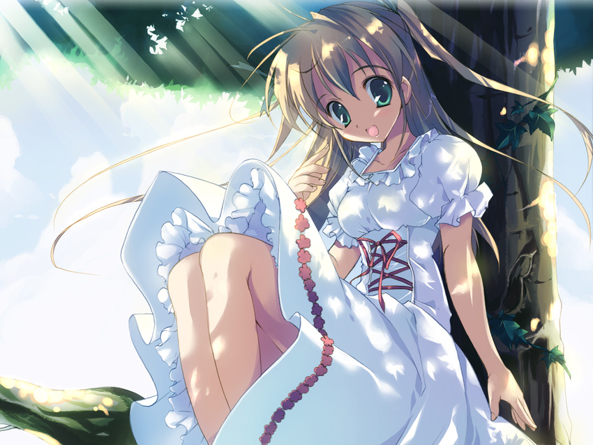 blonde_hair copyright_request dappled_sunlight dress green_eyes highres long_hair mikeou solo sunlight wallpaper