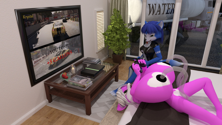 3d_(artwork) angry_cat anthro bed big_breasts black_nipples blue_fur blue_hair breast_expansion breasts candle canine detailed_background digital_media_(artwork) duo fox fur hair hi_res house huge_breasts inflation inside krystal mammal mclaren nintendo nipples pink_fur playstation star_fox subaru television tongue tongue_out truck vehicle video_games water water_inflation white_hair wolf yuni_hermit