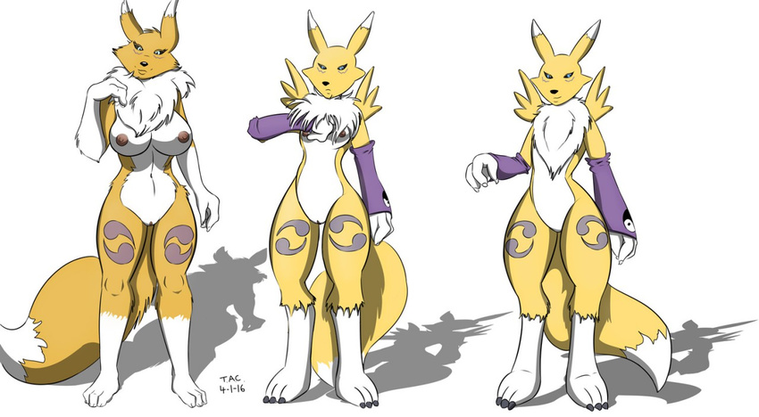 2016 3_fingers 3_toes anthro big_breasts black_sclera blue_eyes breasts claws digimon dipstick_tail featureless_crotch female frown gloves_(marking) looking_at_viewer markings multicolored_tail multiple_poses navel neck_tuft nipples nude pose renamon sailoranna simple_background smile socks_(marking) solo toe_claws toes tuft white_background