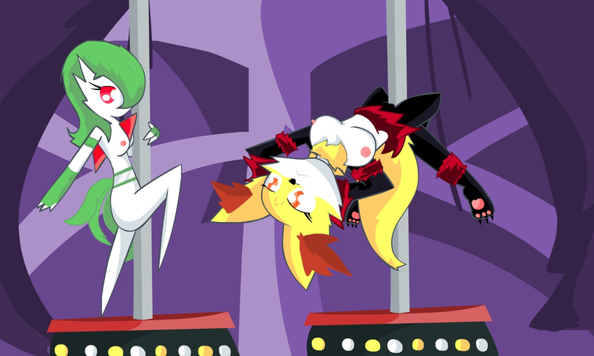 2016 anthro breasts canine dancing delphox digital_media_(artwork) duo e-01_(artist) female fox fur gardevoir green_hair hair inner_ear_fluff looking_at_viewer mammal nails nintendo nipples orange_eyes pawpads paws pok&eacute;mon pole pole_dancing pussy red_eyes simple_background video_games white_fur white_skin yellow_fur