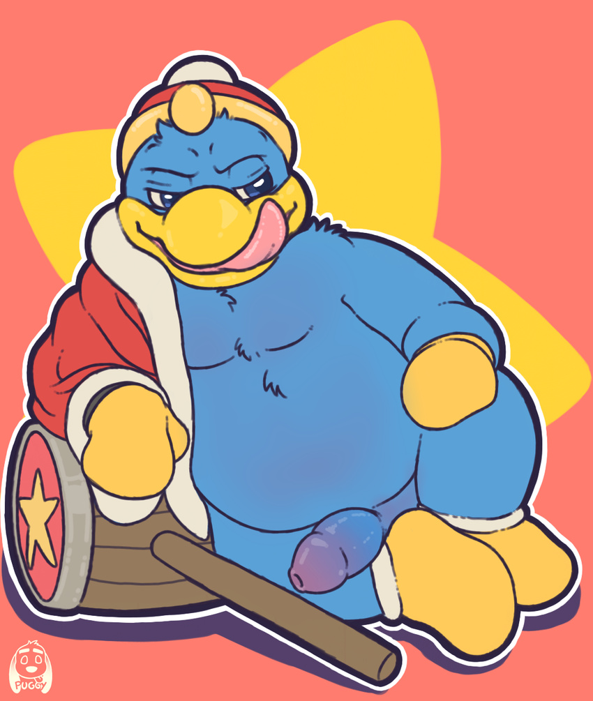 2016 anthro avian beak blue_eyes bottomless clothed clothing digital_media_(artwork) flat_colors half-closed_eyes half-erect hammer headgear hi_res king_dedede kirby_(series) leaning_on_elbow licking licking_lips long_foreskin male moobs mostly_nude naughty_face nintendo overweight penis pinup pose puggy rape_face reclining signature simple_background solo tongue tongue_out tools uncut video_games