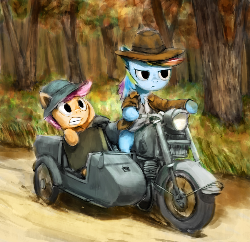 2014 absurd_res anticularpony blue_fur clothing crossover duo equine female feral forest friendship_is_magic fur hair hat hi_res huge_filesize indiana_jones mammal motorcycle multicolored_hair my_little_pony outside pegasus plant rainbow_dash_(mlp) rainbow_hair scootaloo_(mlp) tree wings