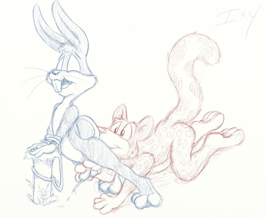 anal anthro bahlam_(artist) balls bdsm bondage bound bugs_bunny cum duo eyes_closed feline hi_res jaguar lagomorph licking looney_tunes male male/male mammal masturbation oral penis rabbit rimming rope sex simple_background sketch tongue tongue_out warner_brothers white_background