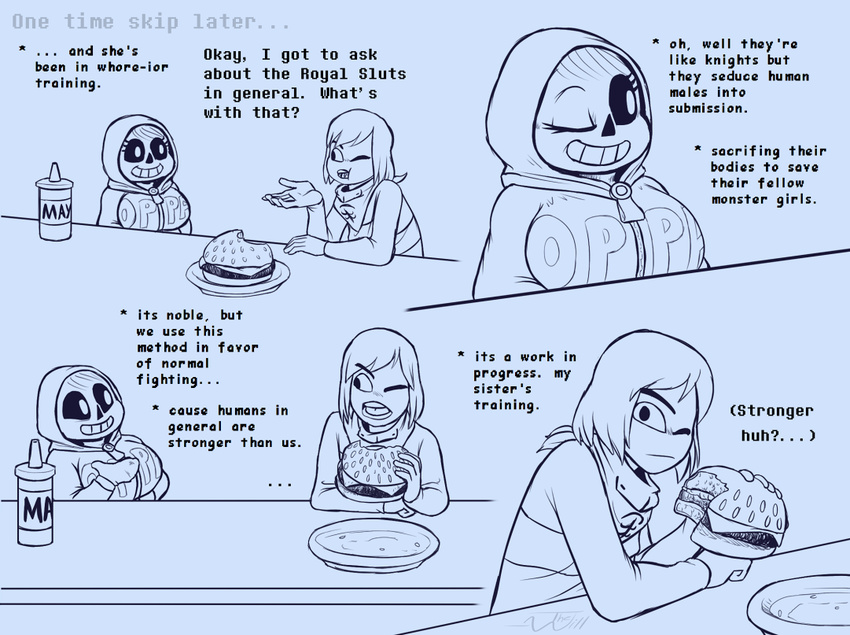 bandanna bar bone burger comic comic_(under(her)tail) digital_media_(artwork) eating female food male mammal mayonnaise one_eye_closed protagonist_(undertale) sans_(undertale) skeleton text thewill undertale video_games wink