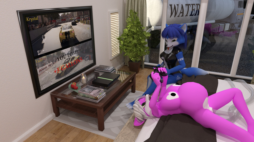 3d_(artwork) angry_cat anthro bed belly_expansion big_breasts black_nipples blue_fur blue_hair breasts candle canine detailed_background digital_media_(artwork) duo fox fur hair hi_res house inflation inside krystal mammal nintendo nipples pink_fur playstation star_fox television tongue tongue_out truck vehicle video_games water water_inflation white_hair wolf yuni_hermit