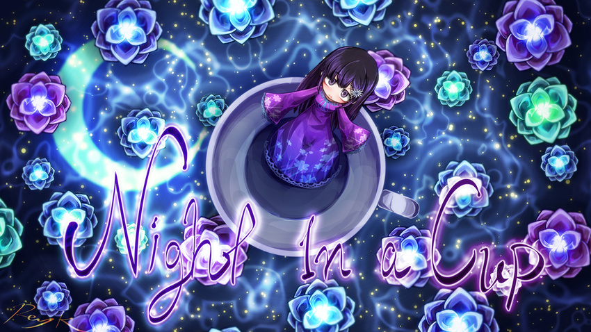 artist_name crescent_moon cup dress english floral_print flower from_above hair_flower hair_ornament in_container in_cup long_hair looking_up moon nene_nene purple_dress purple_eyes purple_hair ray-k signature solo utau wide_sleeves