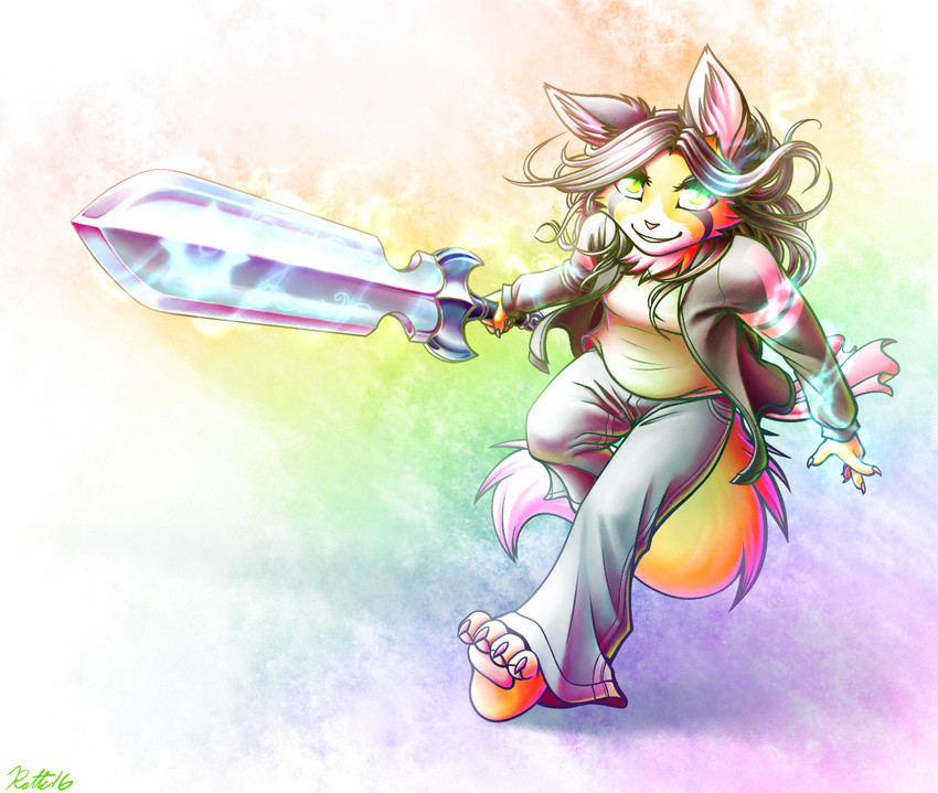 2016 abstract_background anthro black_hair canine cat clothed clothing faraden feline female fox green_eyes hair hybrid kirai looking_at_viewer magic mammal melee_weapon ratte smile solo sword tiger weapon