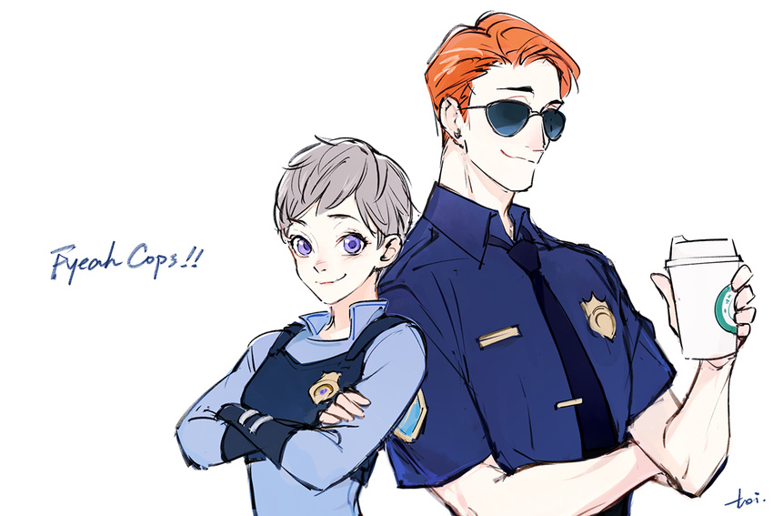 1girl artist_request coffee_cup crossed_arms disney humanization humanized judy_hopps looking_at_viewer necktie nick_wilde paper_cup police police_uniform simple_background smirk sunglasses uniform upper_body white_background zootopia