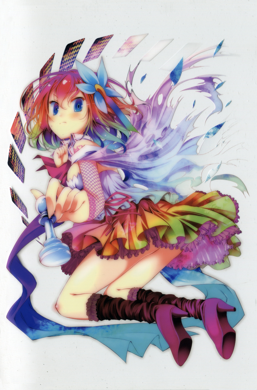 absurdres bare_shoulders blue_eyes blush boots bow bowtie breasts card chess_piece detached_collar dress flower frown gradient_hair hair_flower hair_ornament highres kamiya_yuu medium_breasts multicolored_hair no_game_no_life official_art playing_card red_hair scan short_hair solo stephanie_dora torn_clothes