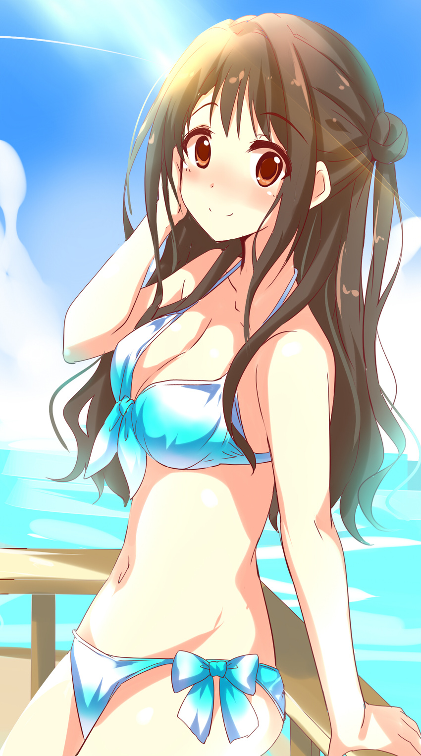 bikini breasts brown_eyes brown_hair cleavage highres idolmaster idolmaster_cinderella_girls long_hair looking_at_viewer medium_breasts natsu_(anta_tte_hitoha) one_side_up shimamura_uzuki solo swimsuit