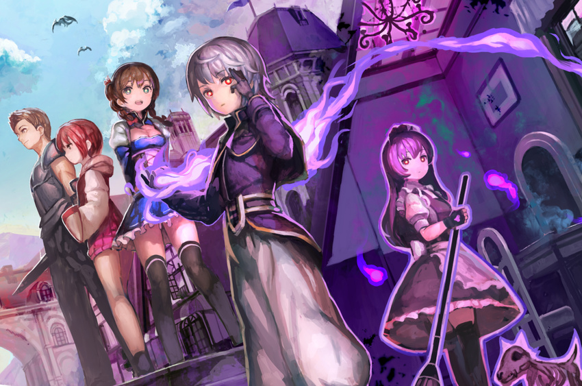 3girls apron arm_up bad_id bad_pixiv_id bare_legs belt belt_buckle black_gloves black_legwear blue_dress blue_sky bone bound bound_arms breasts bright_pupils broom buckle building church cleavage dagger day dress dutch_angle fingerless_gloves fire gloves glowing glowing_hand hand_on_own_head highres large_breasts looking_at_viewer maid maid_headdress multiple_boys multiple_girls organ_derwald original outdoors pants profile purple_dress purple_fire red_dress red_eyes sheath sheathed sky standing thighhighs waist_apron weapon white_pants white_pupils zettai_ryouiki